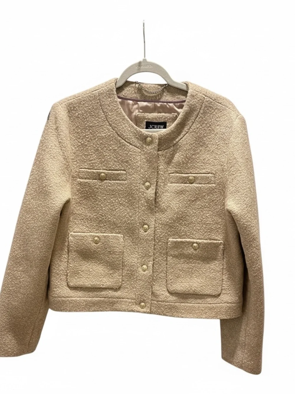 J. Crew Cream Bouclé Collarless Jacket with Gold Buttons